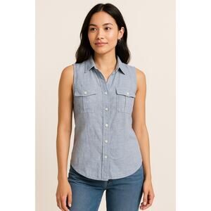 Coastal Minimalist Summer Linen Blend Sleeveless Button Down Shirt Ann Taylor 8